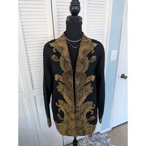 Anu 100% Wool Cardigan Womens L Black Gold Tapestry Boho Retro ArtTo Wear Jacket